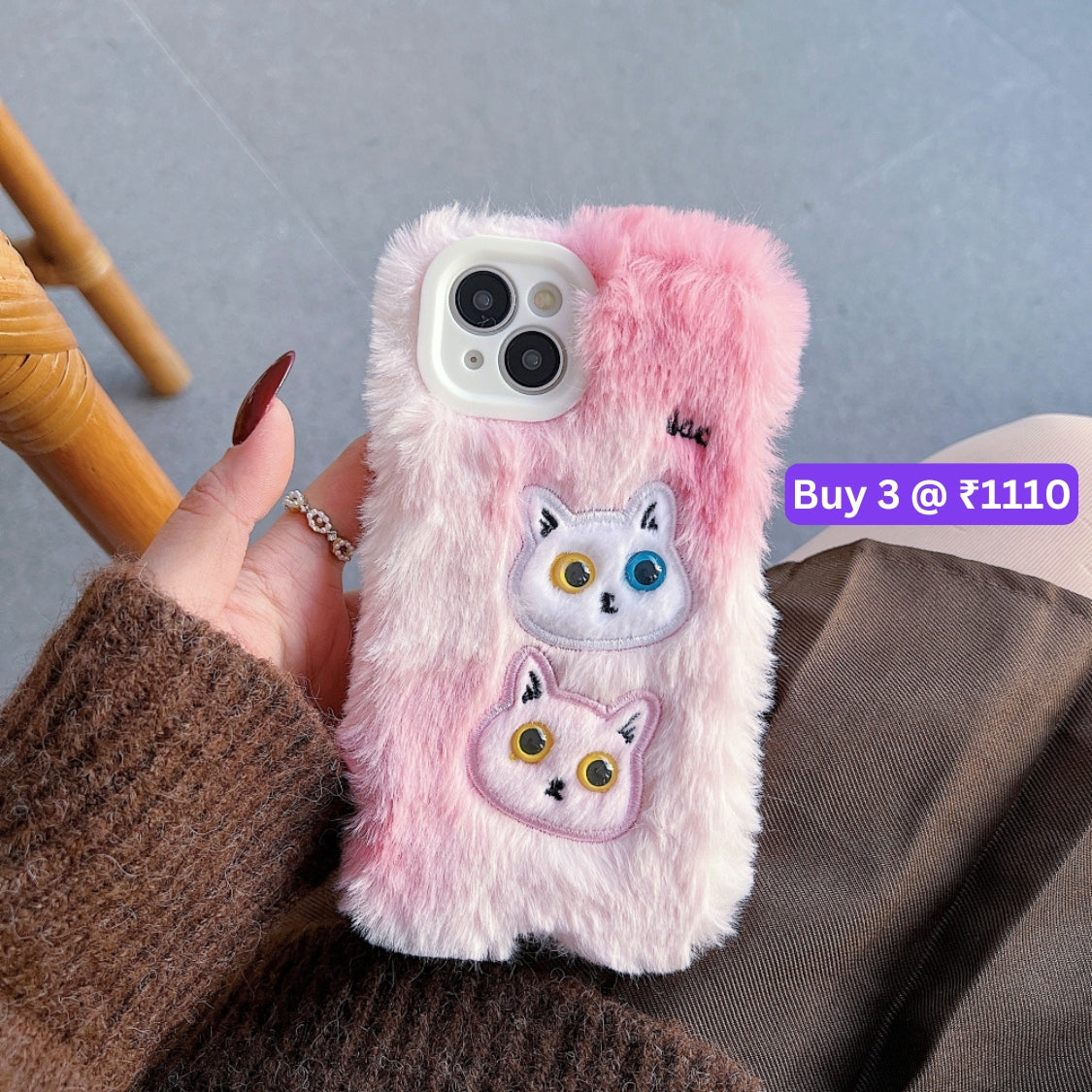 Warm Fluffy Furry Cat Embroided Camera Protection Phone Case - iPhone 15 Pro Max