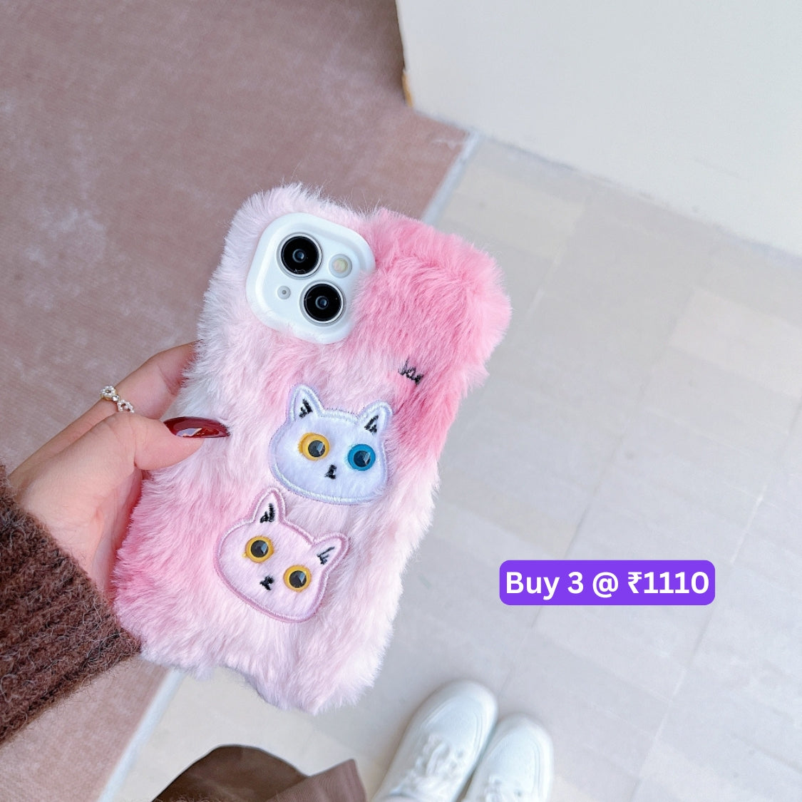 Warm Fluffy Furry Cat Embroided Camera Protection Phone Case - iPhone 15 Pro Max