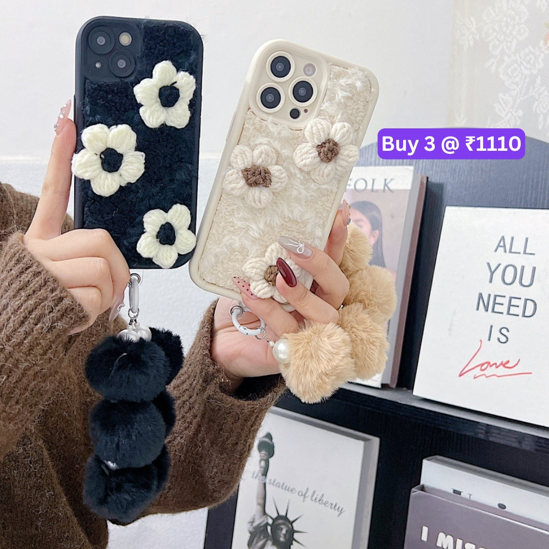 Woolen Flower Furry TPU (Soft) Camera Protection Phone Case with Bracelet - iPhone 15 Pro Max