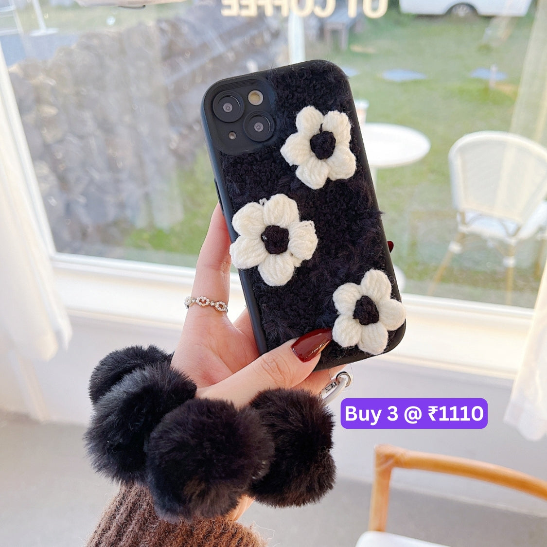 Woolen Flower Furry TPU (Soft) Camera Protection Phone Case with Bracelet - iPhone 14