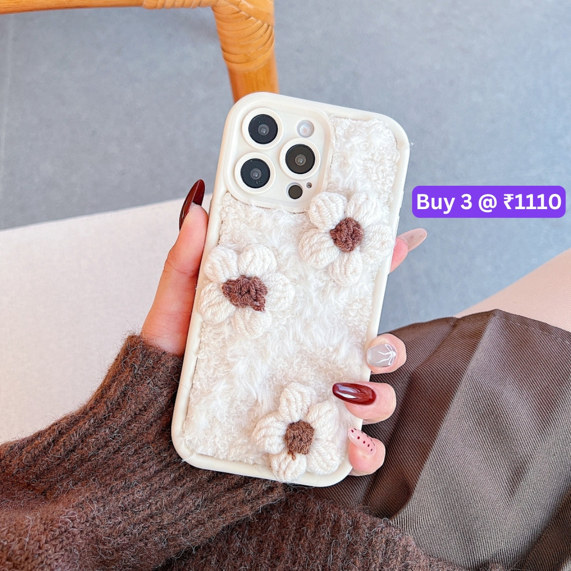 Woolen Flower Furry TPU (Soft) Camera Protection Phone Case with Bracelet - iPhone 15 Pro Max