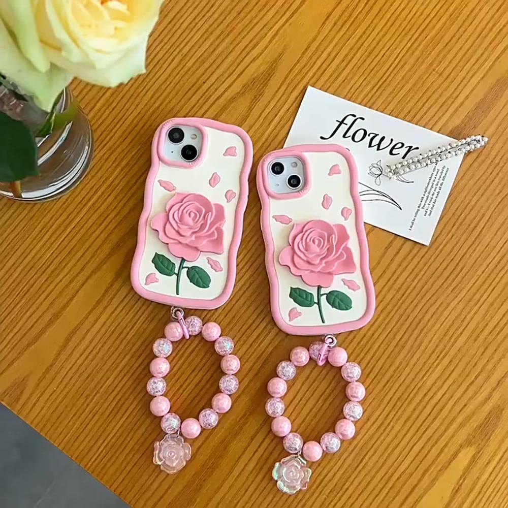 Pink Rose Silicone Soft Cover With Bracelet - iPhone 15 Pro