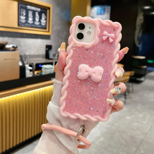 Glitter Bling Bow Color TPU (Soft) | PC (Hard) Case With Bracelet - iPhone 15 Pro
