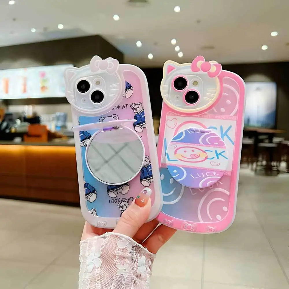 Cartoon Cat Printed TPU Camera Protection Cover with Mirror Stand – iPhone 13 Pro
