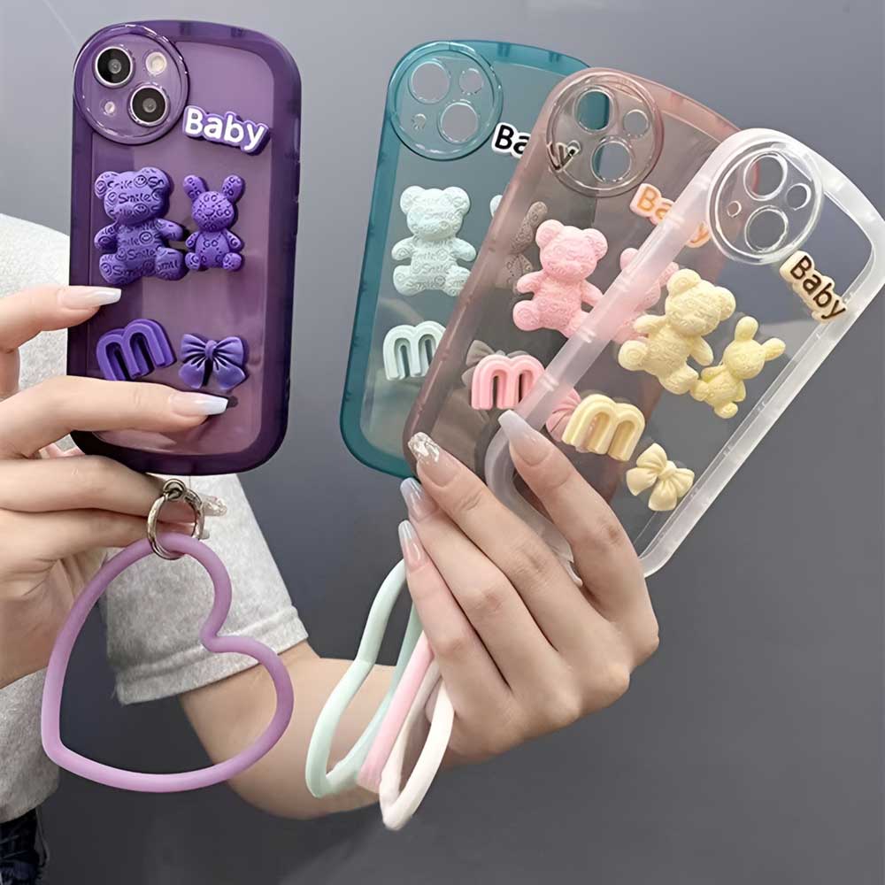 3D Teddy Ornament Heart Bracelet Color Transparent TPU Cover - Realme C55