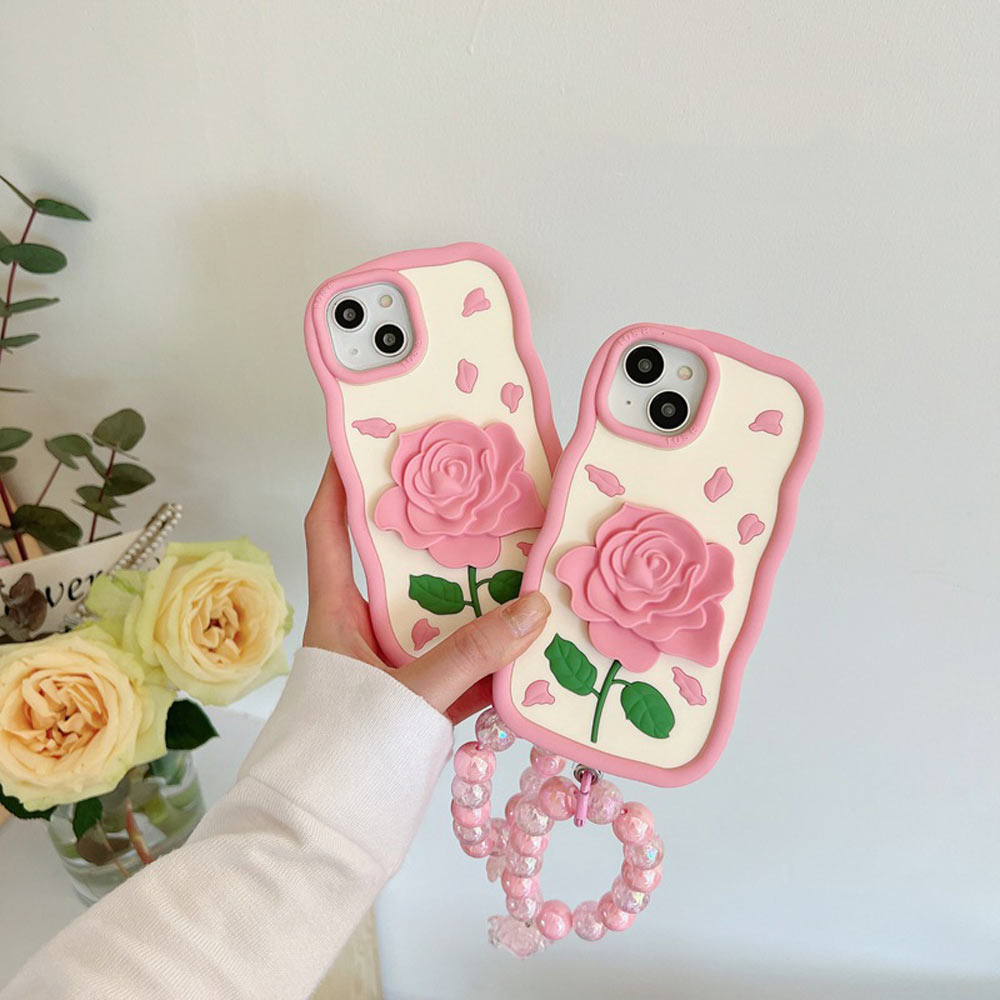 Pink Rose Silicone Soft Cover With Bracelet - iPhone 15