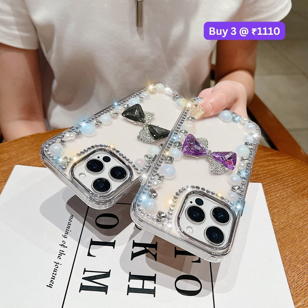 3D Bow Pearl Border Transparent PC (Hard) Phone Case | Mobile Cover - iPhone 15 Pro Max