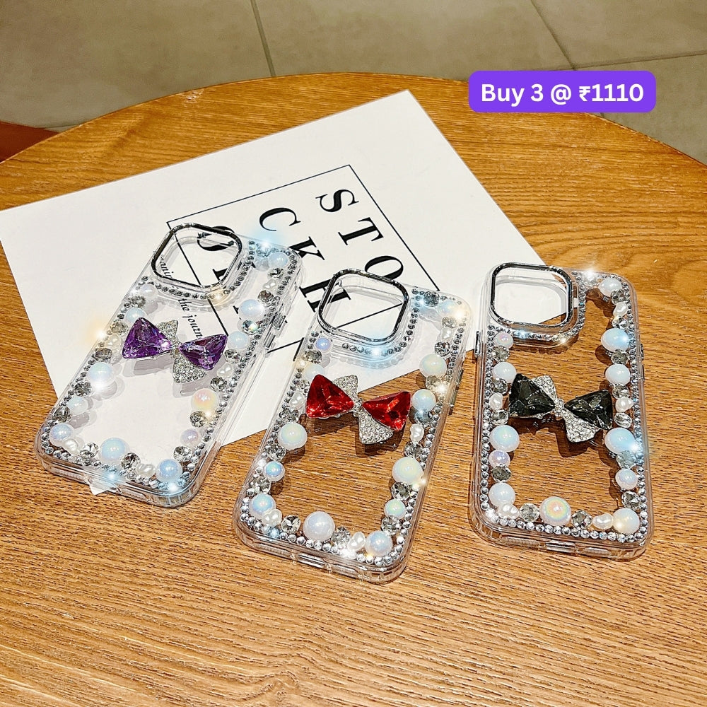 3D Bow Pearl Border Transparent PC (Hard) Phone Case | Mobile Cover - Samsung S23 Ultra