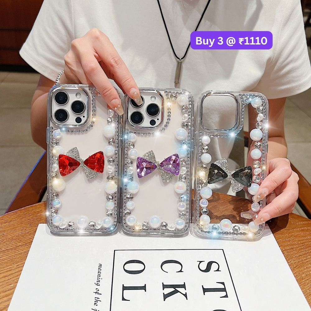 3D Bow Pearl Border Transparent PC (Hard) Phone Case | Mobile Cover - Samsung S23 Ultra
