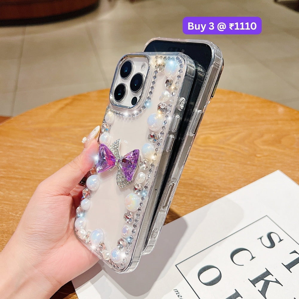 3D Bow Pearl Border Transparent PC (Hard) Phone Case | Mobile Cover - iPhone 14 Plus