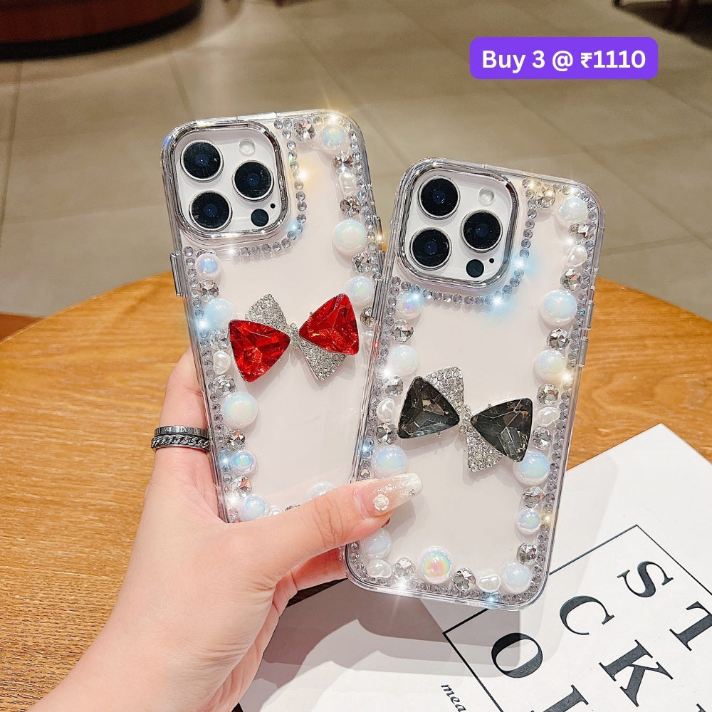 3D Bow Pearl Border Transparent PC (Hard) Phone Case | Mobile Cover - iPhone 15 Pro Max