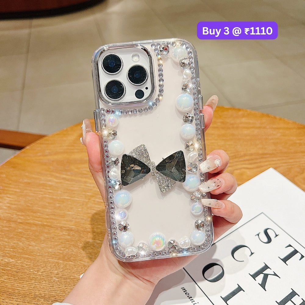 3D Bow Pearl Border Transparent PC (Hard) Phone Case | Mobile Cover - iPhone 15 Pro Max