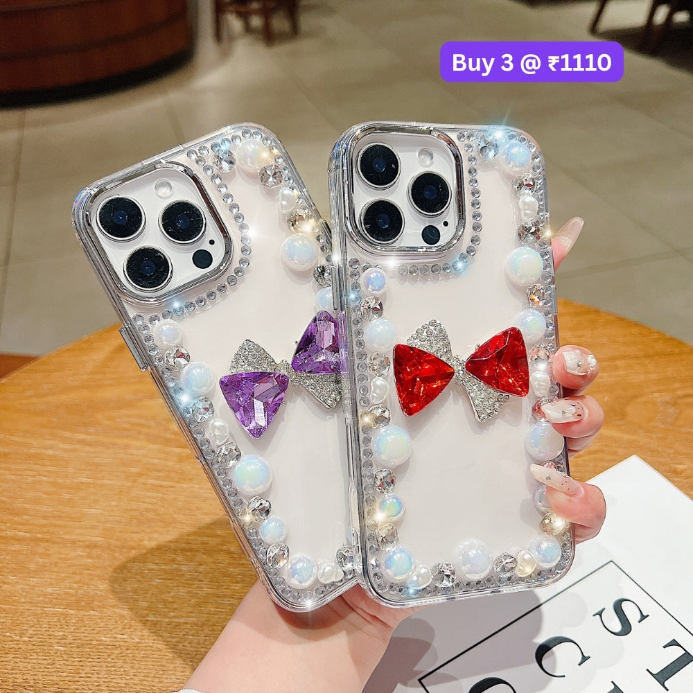 3D Bow Pearl Border Transparent PC (Hard) Phone Case | Mobile Cover - iPhone 15 Pro Max