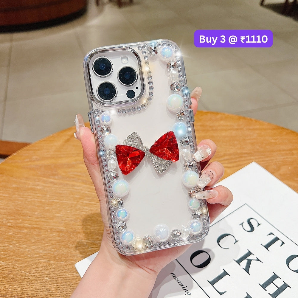 3D Bow Pearl Border Transparent PC (Hard) Phone Case | Mobile Cover - iPhone 15 Pro Max