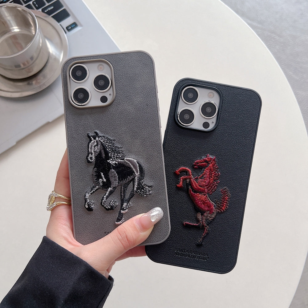 3D Embroided Horse Design PU Leather Phone Case - OnePlus 12R