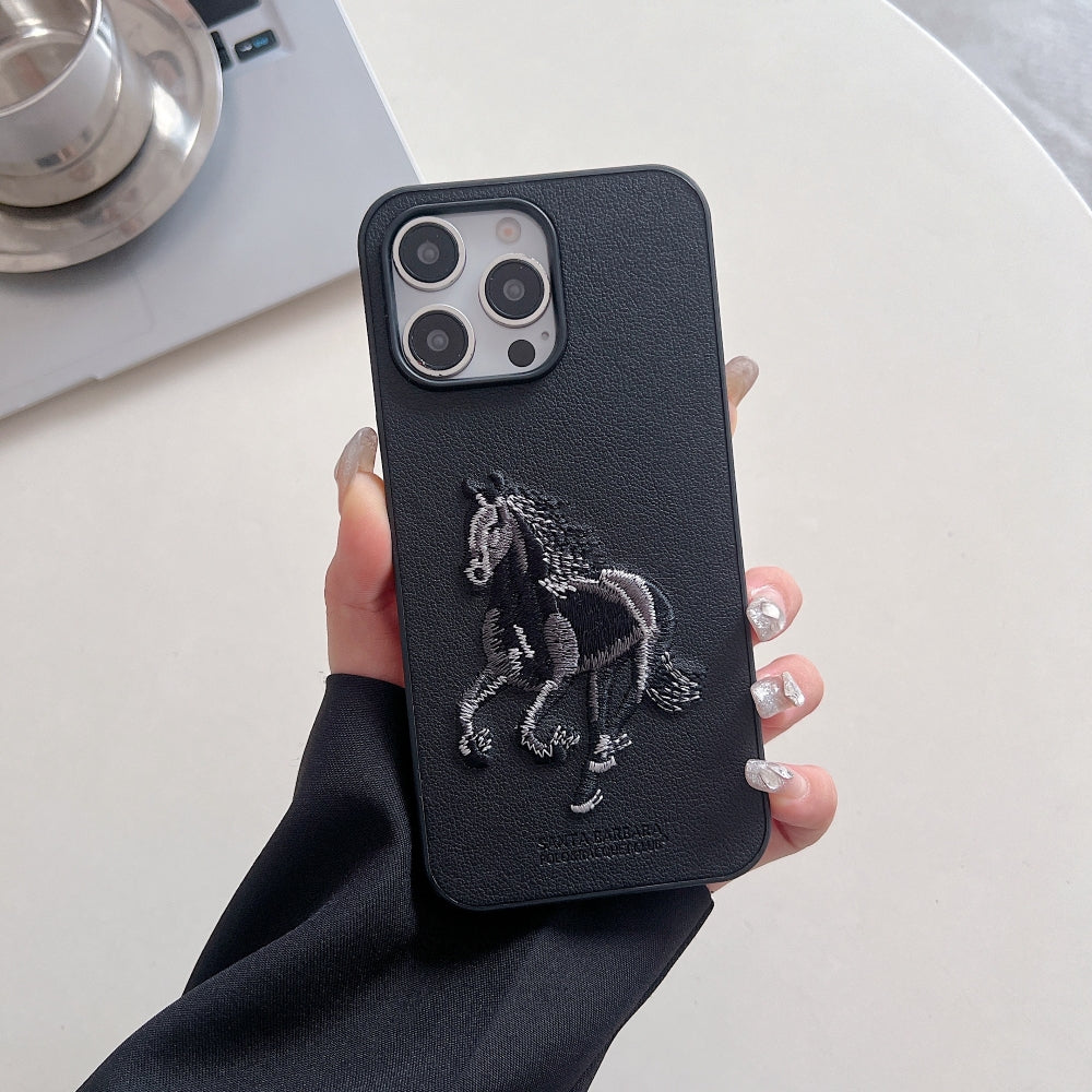 3D Embroided Horse Design PU Leather Phone Case - OnePlus 12R