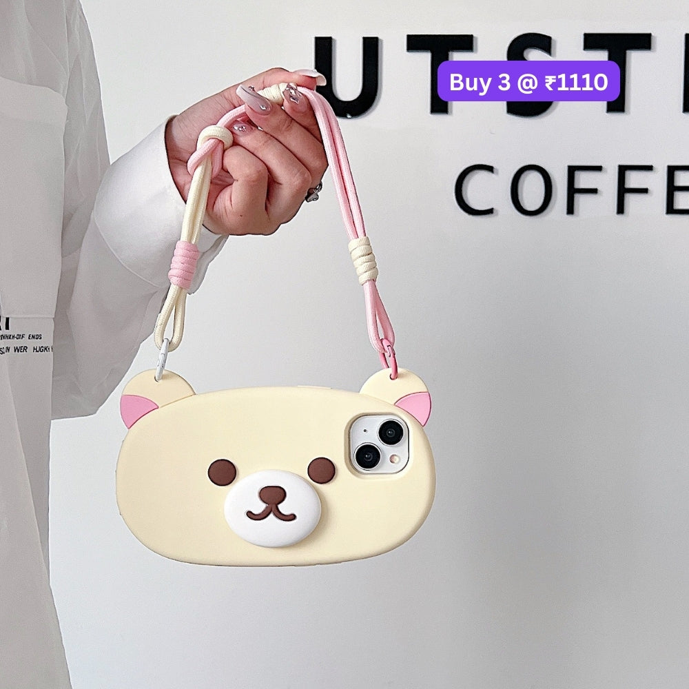 Bear Faced Silicone Soft Phone Case with Lanyard Strap | Mobile Cover - iPhone 15