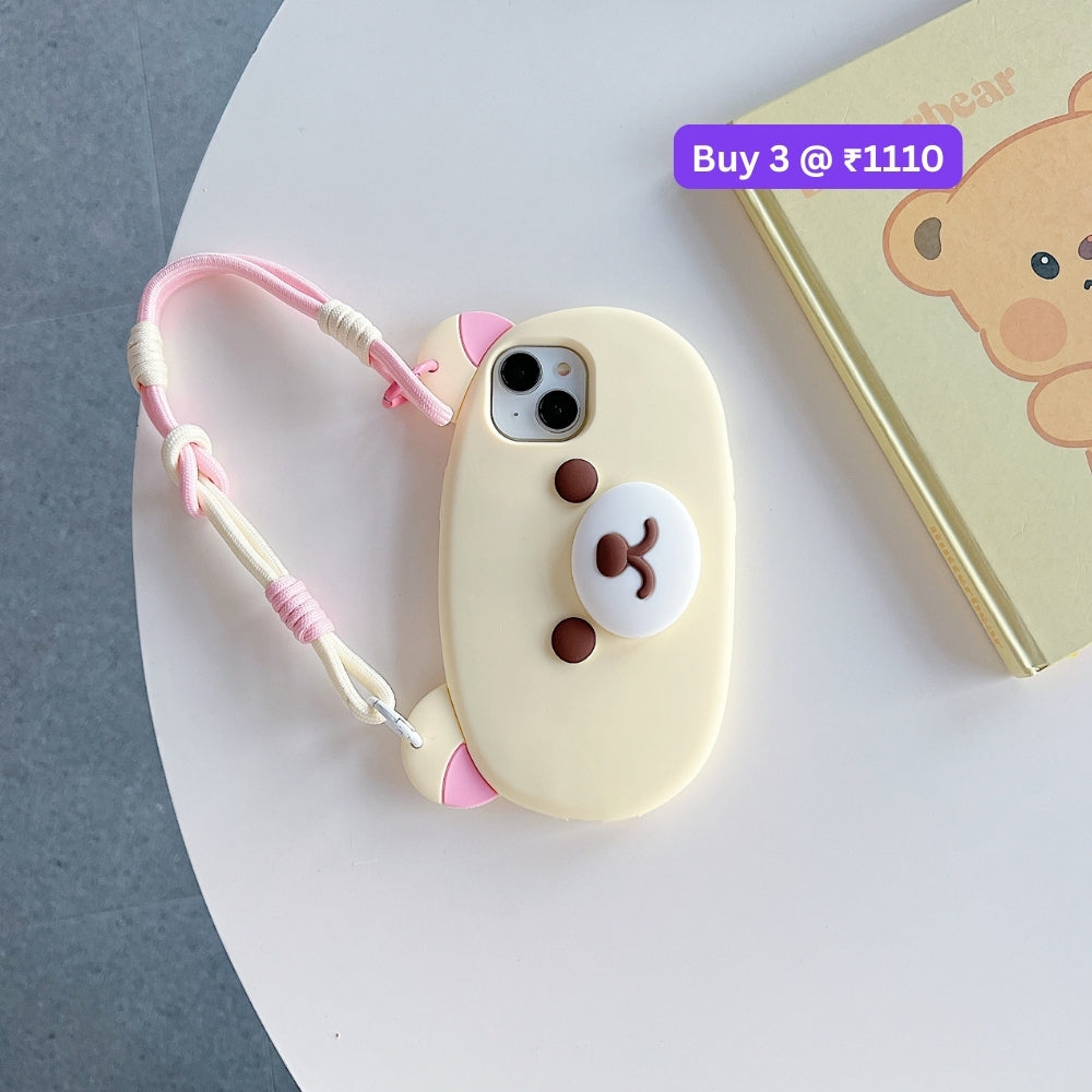 Bear Faced Silicone Soft Phone Case with Lanyard Strap | Mobile Cover - iPhone 14 Pro Max