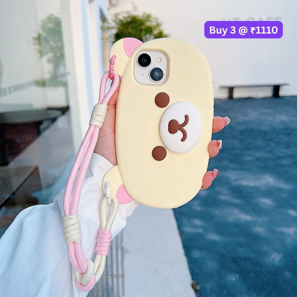 Bear Faced Silicone Soft Phone Case with Lanyard Strap | Mobile Cover - iPhone 15
