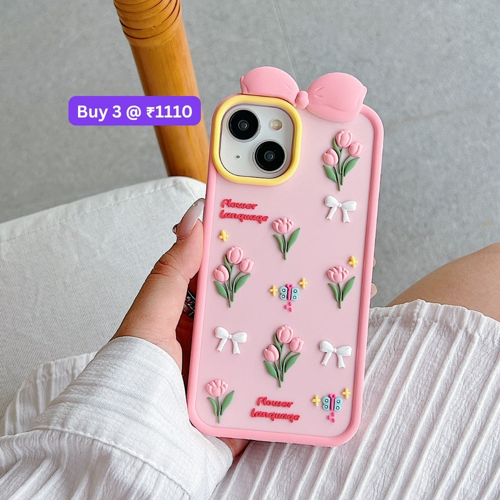 Bow Tulip Flower Silicone Soft Phone Case | Mobile Cover - iPhone 15