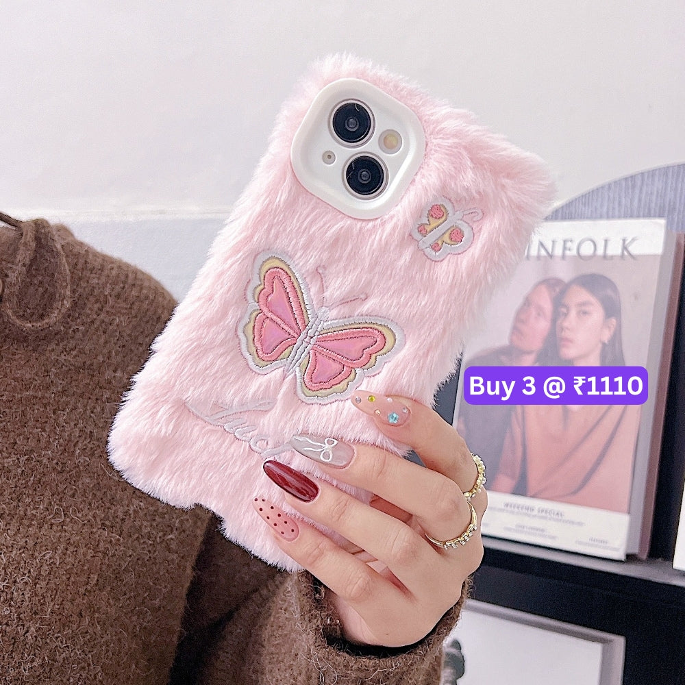 Butterfly Embroided Camera Protection Fur Phone Case - iPhone 14