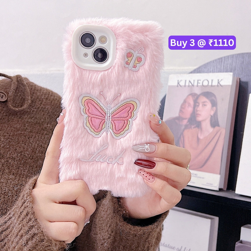 Butterfly Embroided Camera Protection Fur Phone Case - iPhone 14