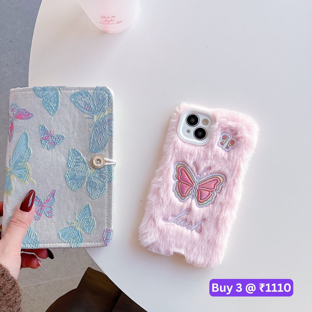 Butterfly Embroided Camera Protection Fur Phone Case - iPhone 14