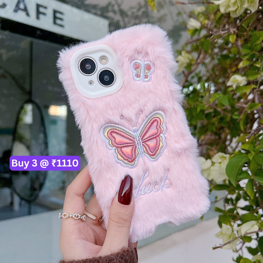 Butterfly Embroided Camera Protection Fur Phone Case - iPhone 14