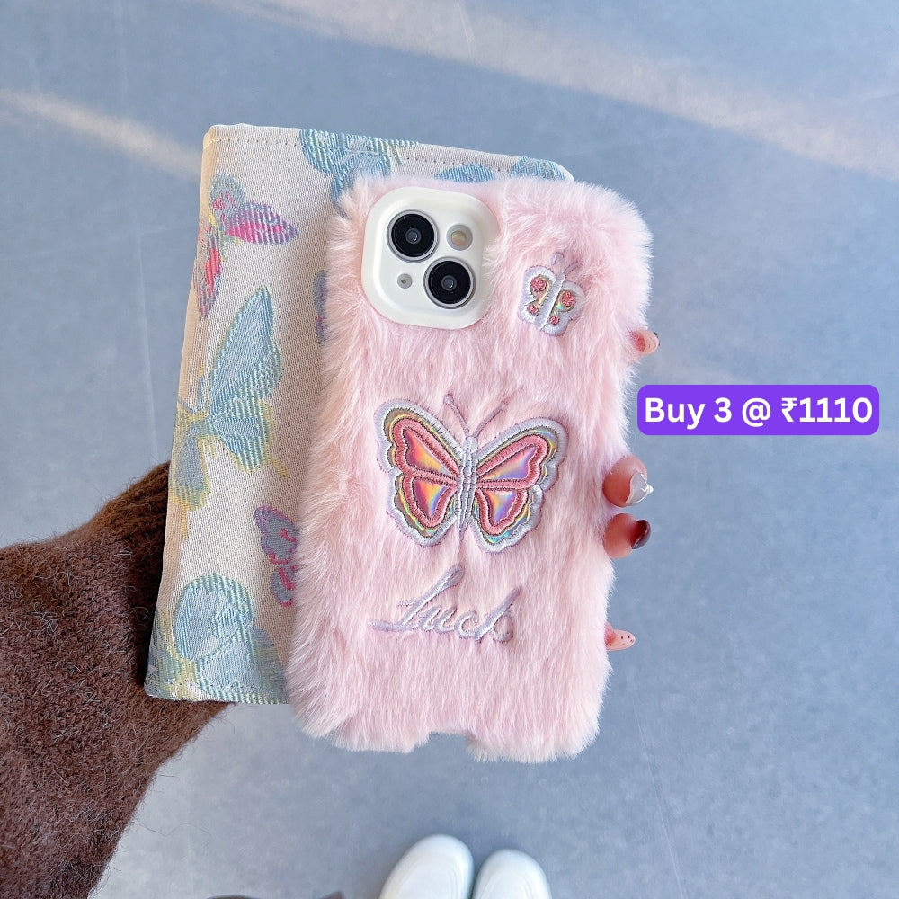Butterfly Embroided Camera Protection Fur Phone Case - iPhone 14