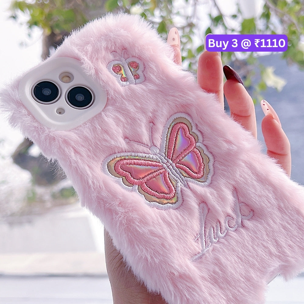 Butterfly Embroided Camera Protection Fur Phone Case - iPhone 14