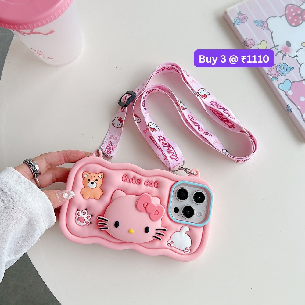 Cartoon Kitty Stand Silicone Pone Case with Shoulder Strap | Mobile Cover - iPhone 15