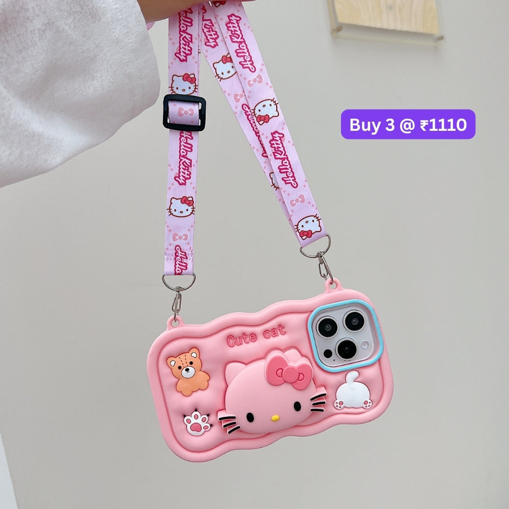 Cartoon Kitty Stand Silicone Pone Case with Shoulder Strap | Mobile Cover - iPhone 16 Plus