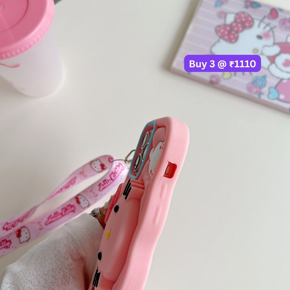 Cartoon Kitty Stand Silicone Pone Case with Shoulder Strap | Mobile Cover - iPhone 16 Plus