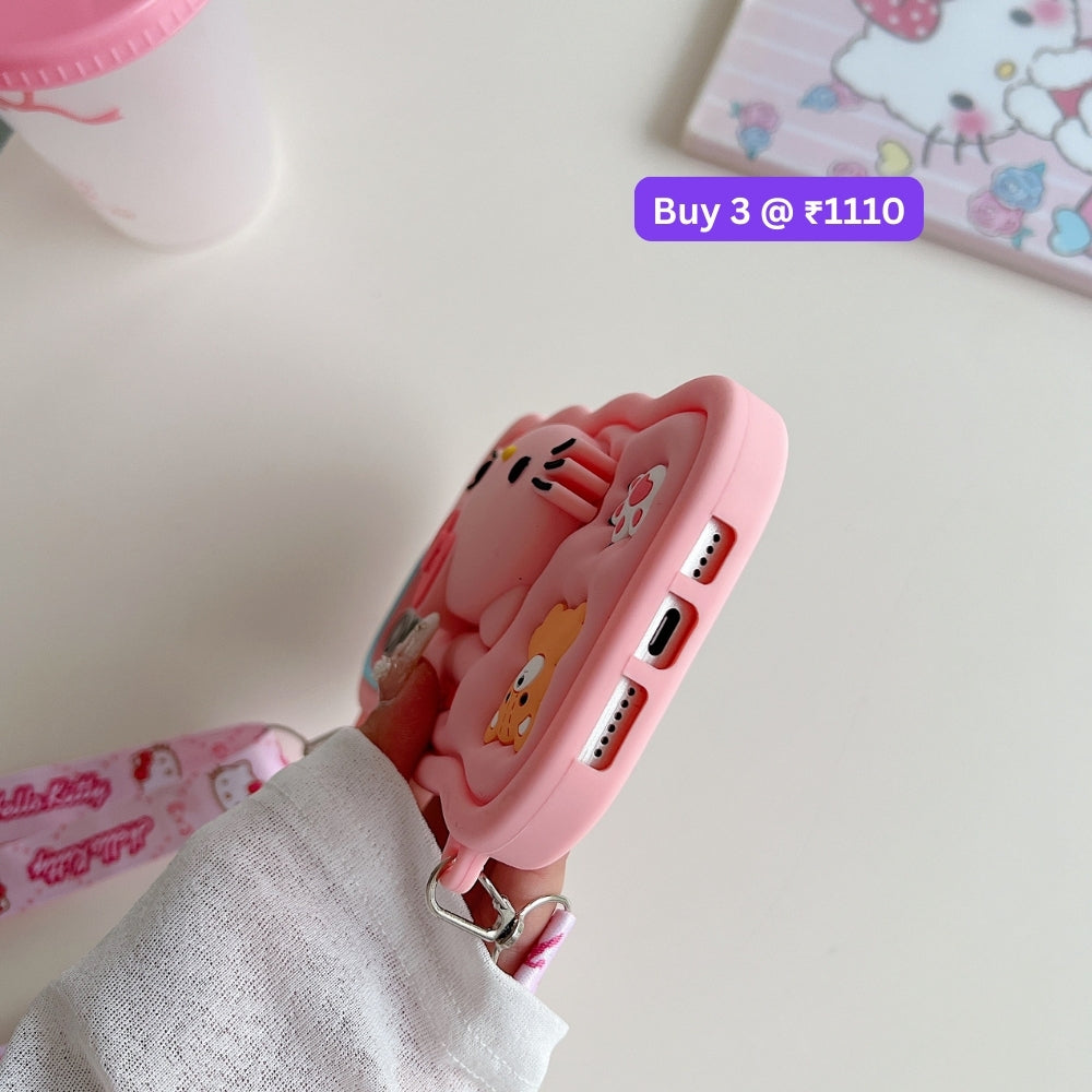 Cartoon Kitty Stand Silicone Pone Case with Shoulder Strap | Mobile Cover - iPhone 16 Plus