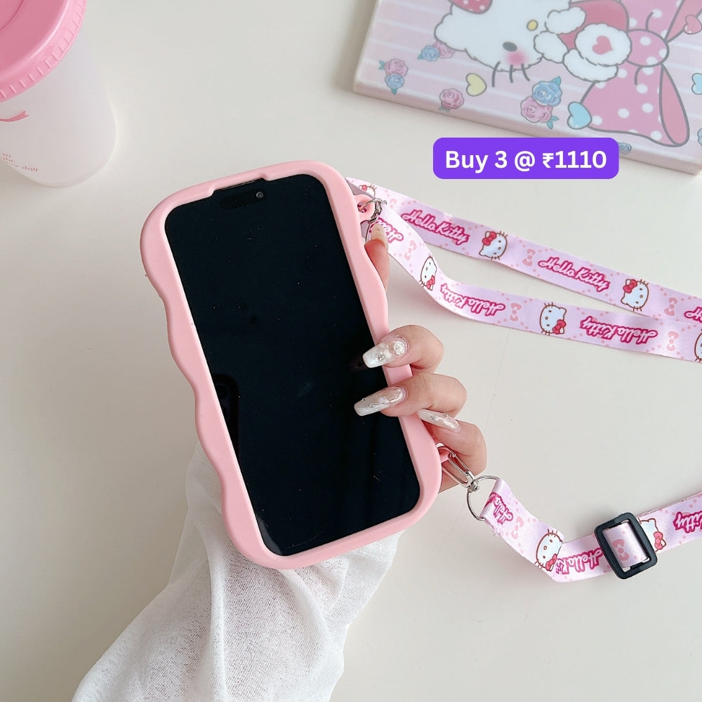 Cartoon Kitty Stand Silicone Pone Case with Shoulder Strap | Mobile Cover - iPhone 16 Plus