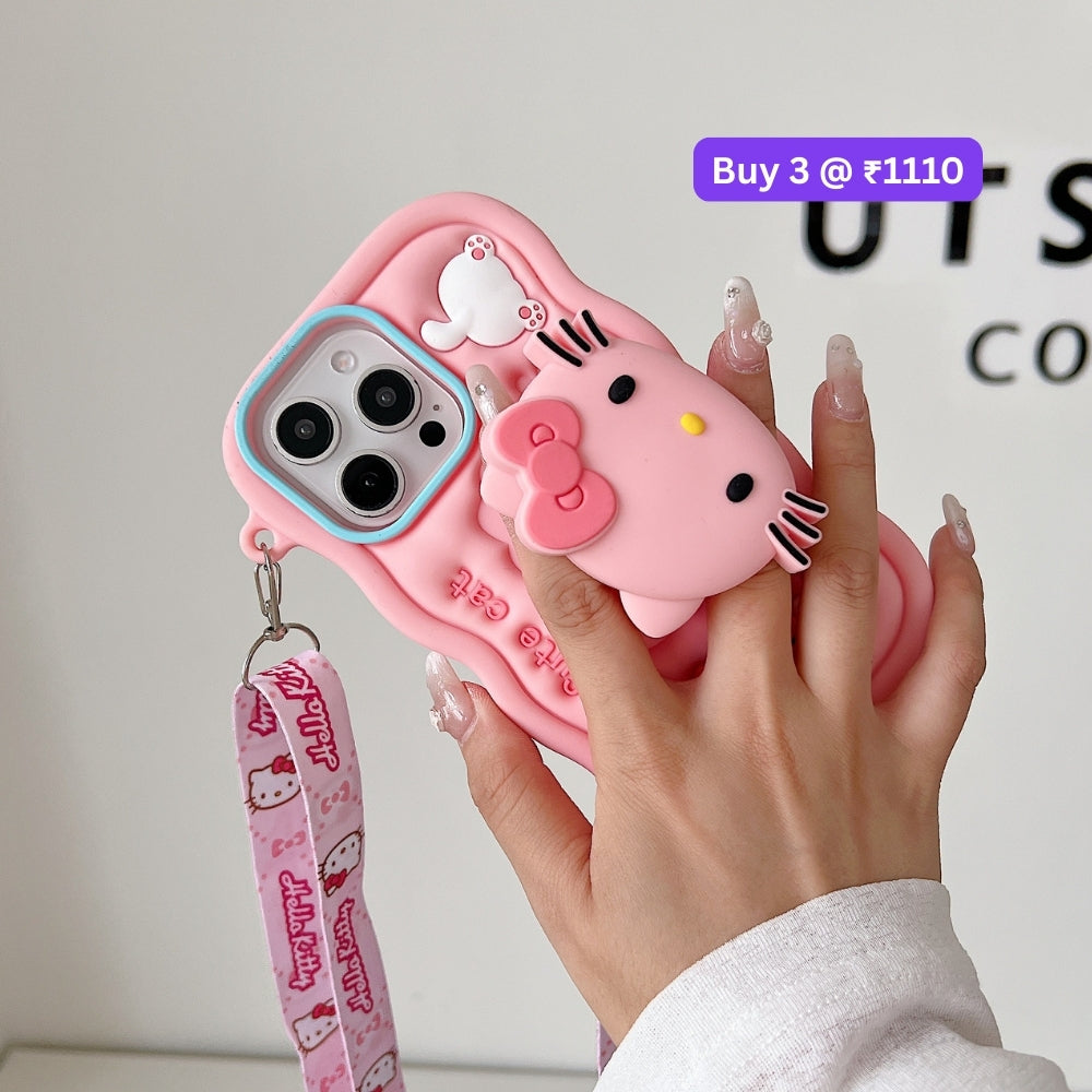 Cartoon Kitty Stand Silicone Pone Case with Shoulder Strap | Mobile Cover - iPhone 12 Pro Max