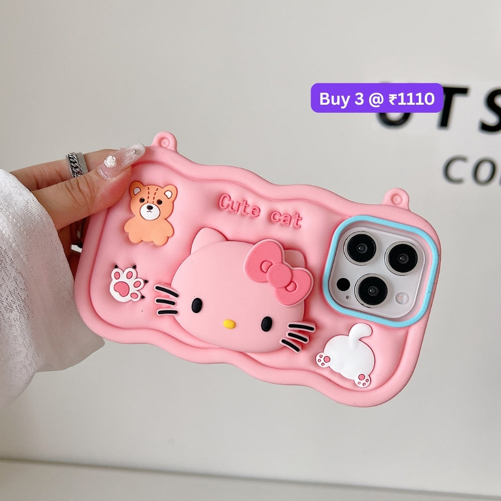Cartoon Kitty Stand Silicone Pone Case with Shoulder Strap | Mobile Cover - iPhone 16 Plus
