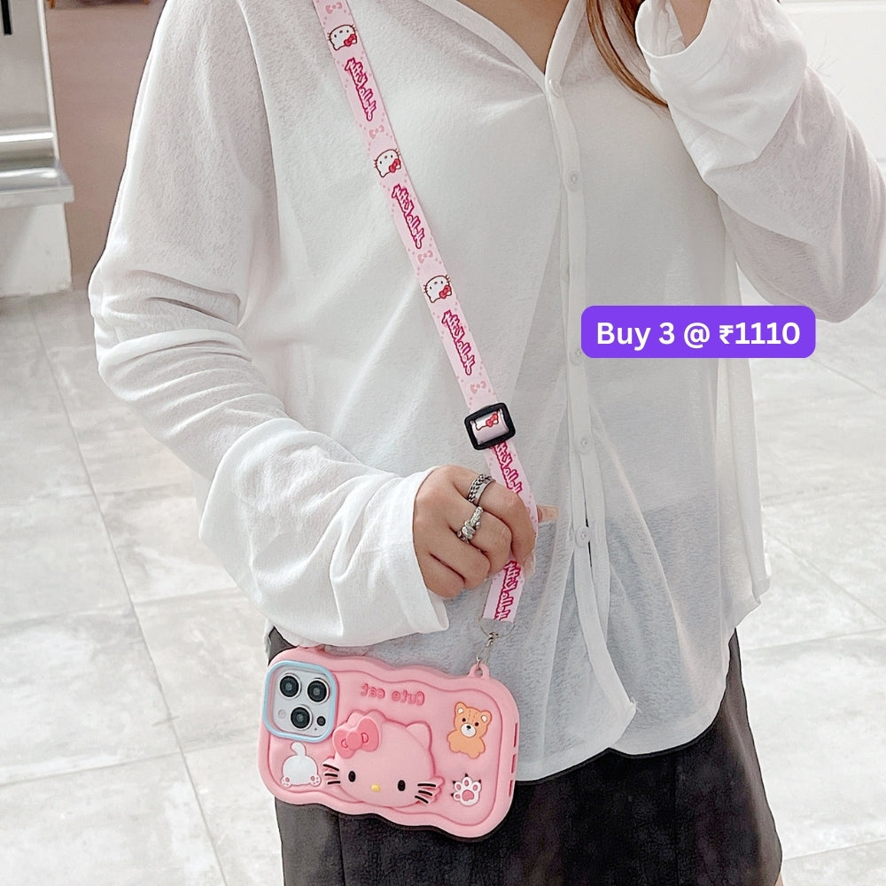 Cartoon Kitty Stand Silicone Pone Case with Shoulder Strap | Mobile Cover - iPhone 16 Plus