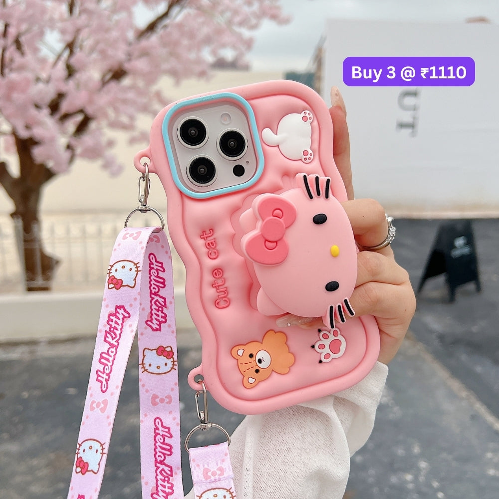 Cartoon Kitty Stand Silicone Pone Case with Shoulder Strap | Mobile Cover - iPhone 16 Plus