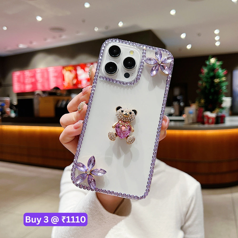 Crystal Stone Bear Heart Bling Flower Transparent Phone Case - iPhone 15 Pro