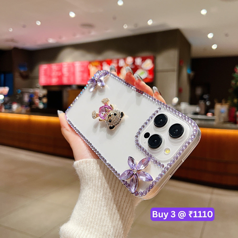Crystal Stone Bear Heart Bling Flower Transparent Phone Case - iPhone 15 Pro