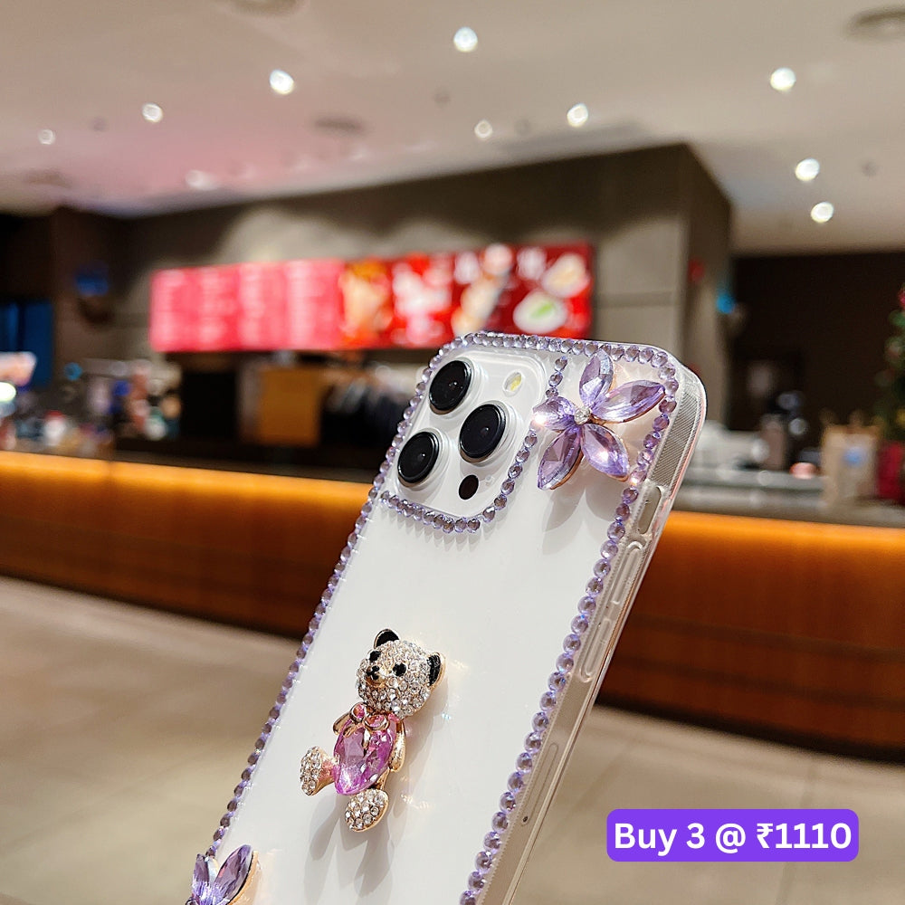 Crystal Stone Bear Heart Bling Flower Transparent Phone Case - iPhone 15 Pro