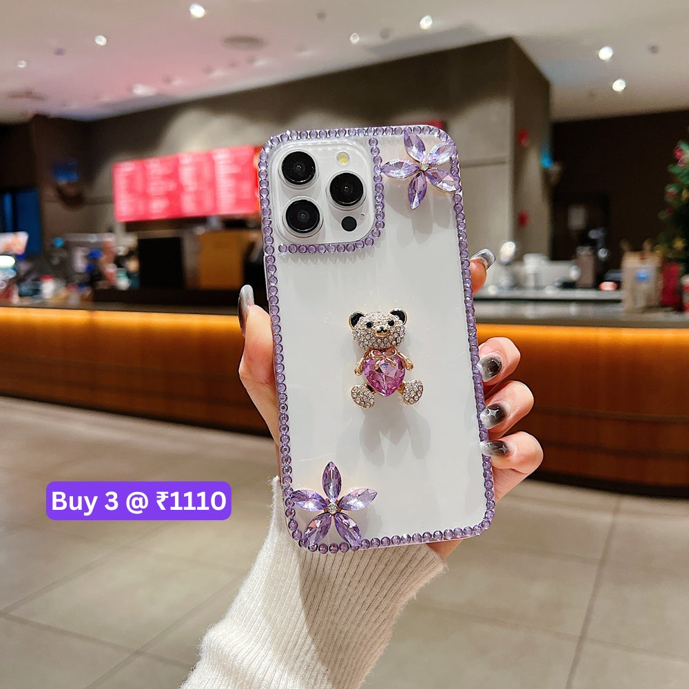 Crystal Stone Bear Heart Bling Flower Transparent Phone Case - iPhone 15 Pro