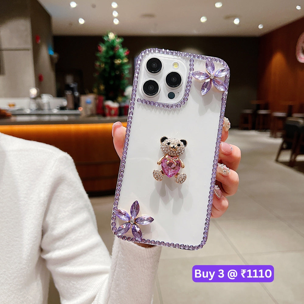 Crystal Stone Bear Heart Bling Flower Transparent Phone Case - iPhone 15 Pro