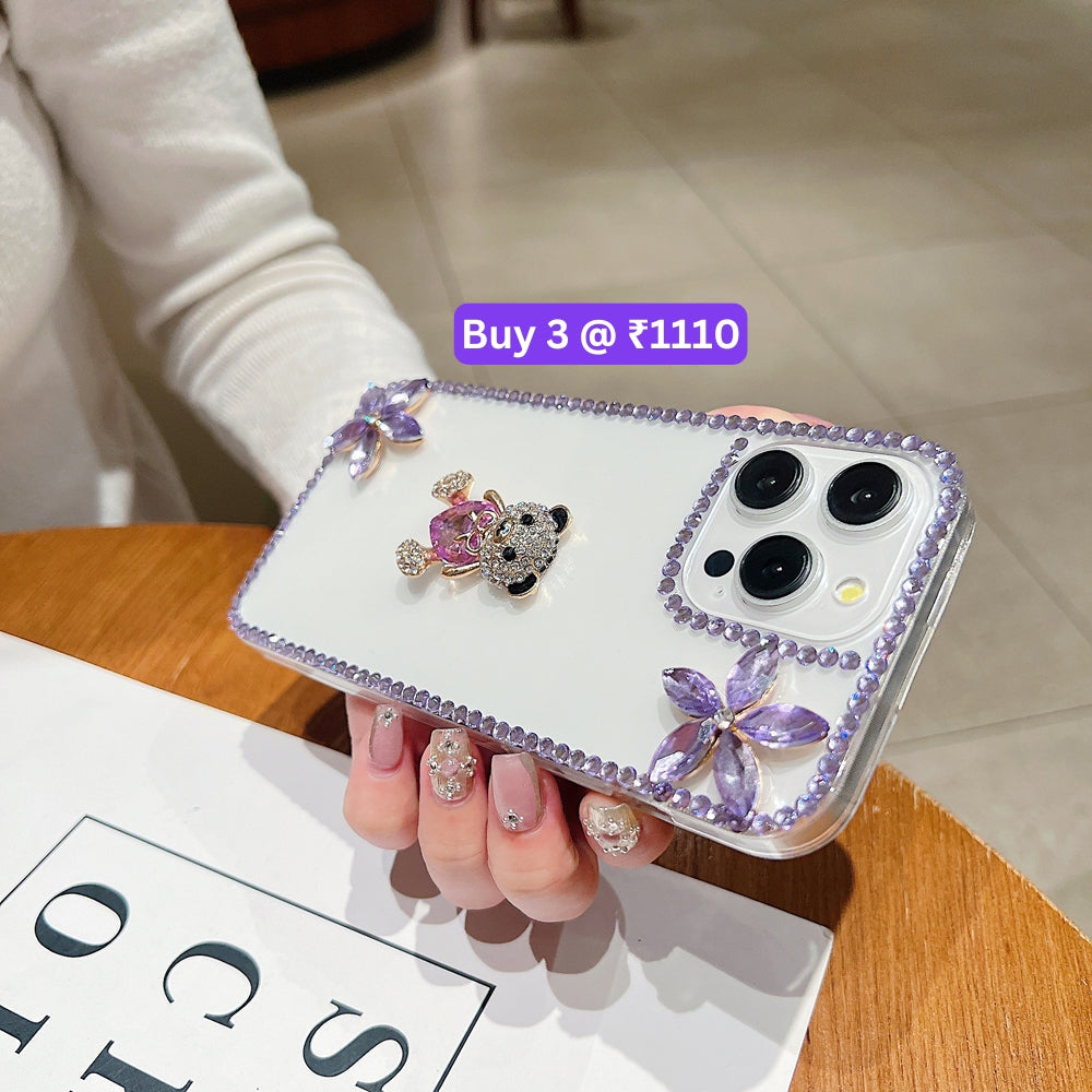 Crystal Stone Bear Heart Bling Flower Transparent Phone Case - iPhone 15 Pro