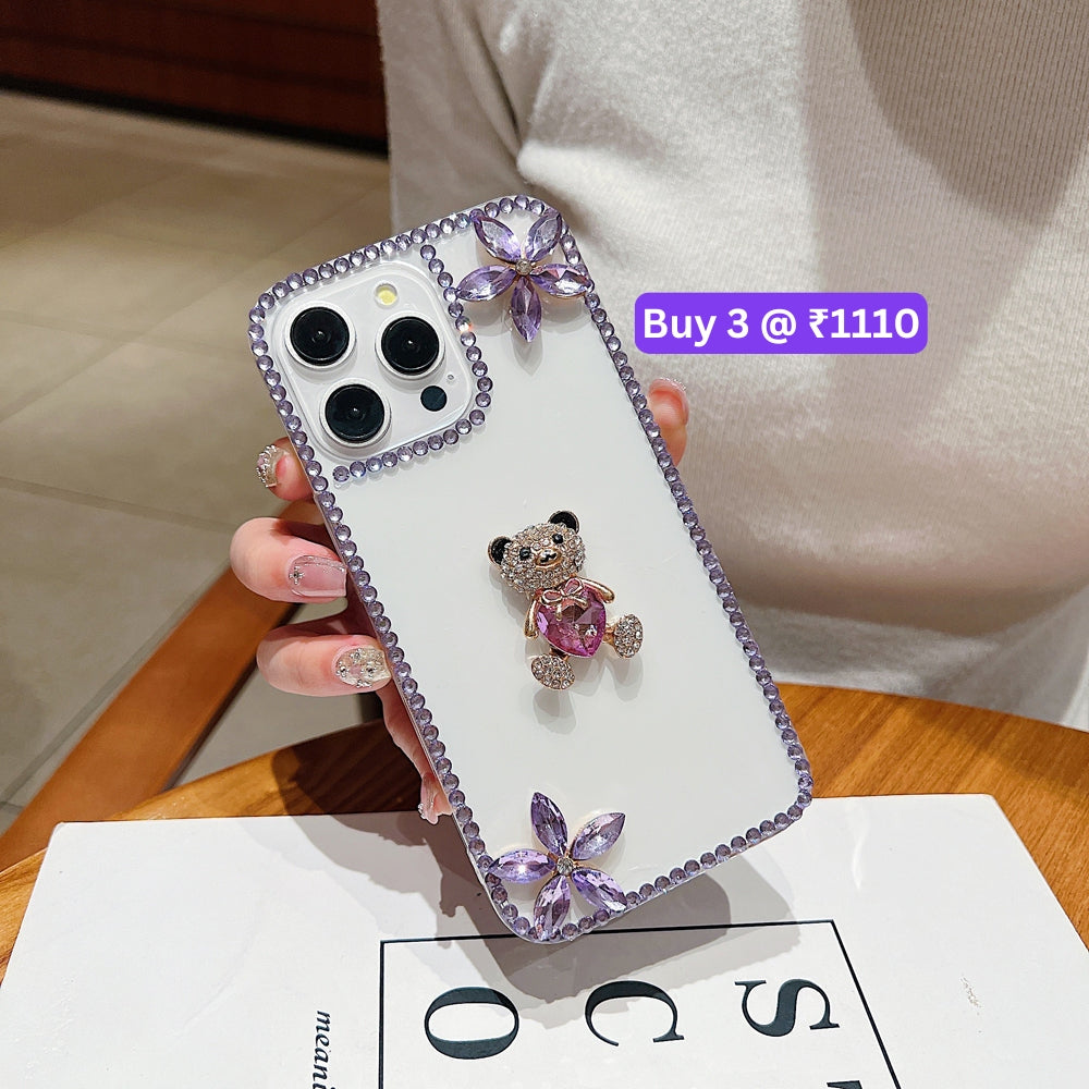 Crystal Stone Bear Heart Bling Flower Transparent Phone Case - iPhone 15 Pro