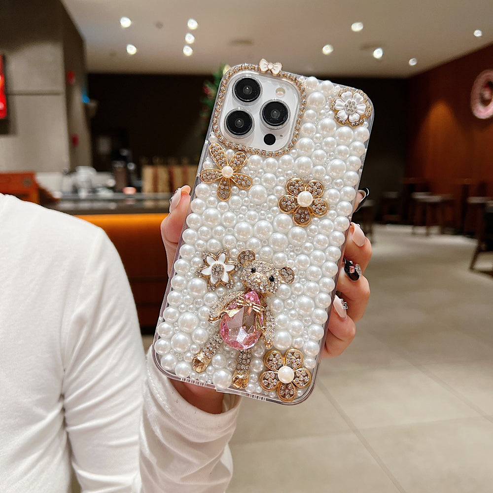 Handmade Decorative Pearl and Diamond Bear Phone Case - iPhone 16 Plus