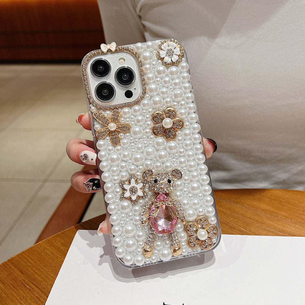 Handmade Decorative Pearl and Diamond Bear Phone Case - iPhone 16