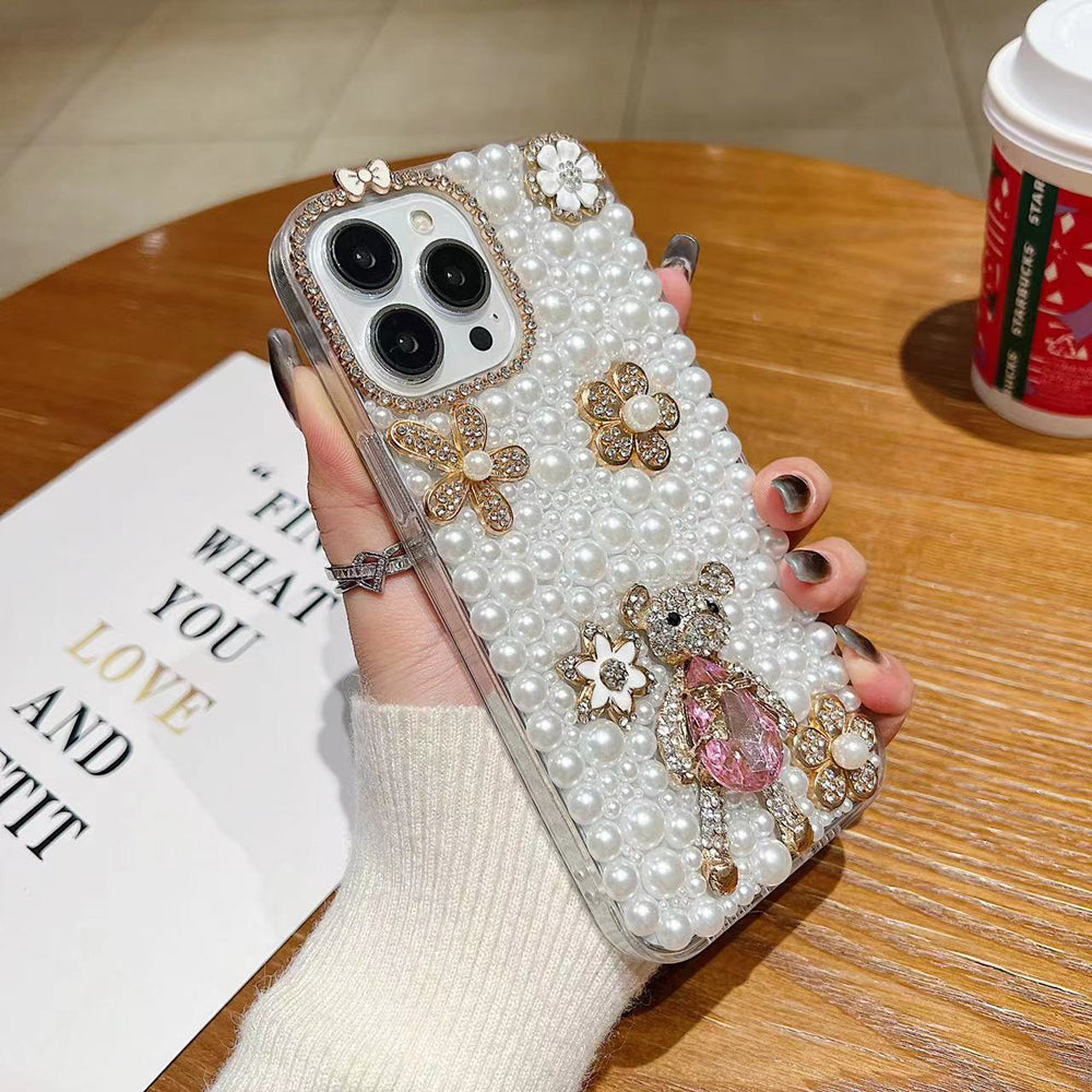 Handmade Decorative Pearl and Diamond Bear Phone Case - iPhone 16