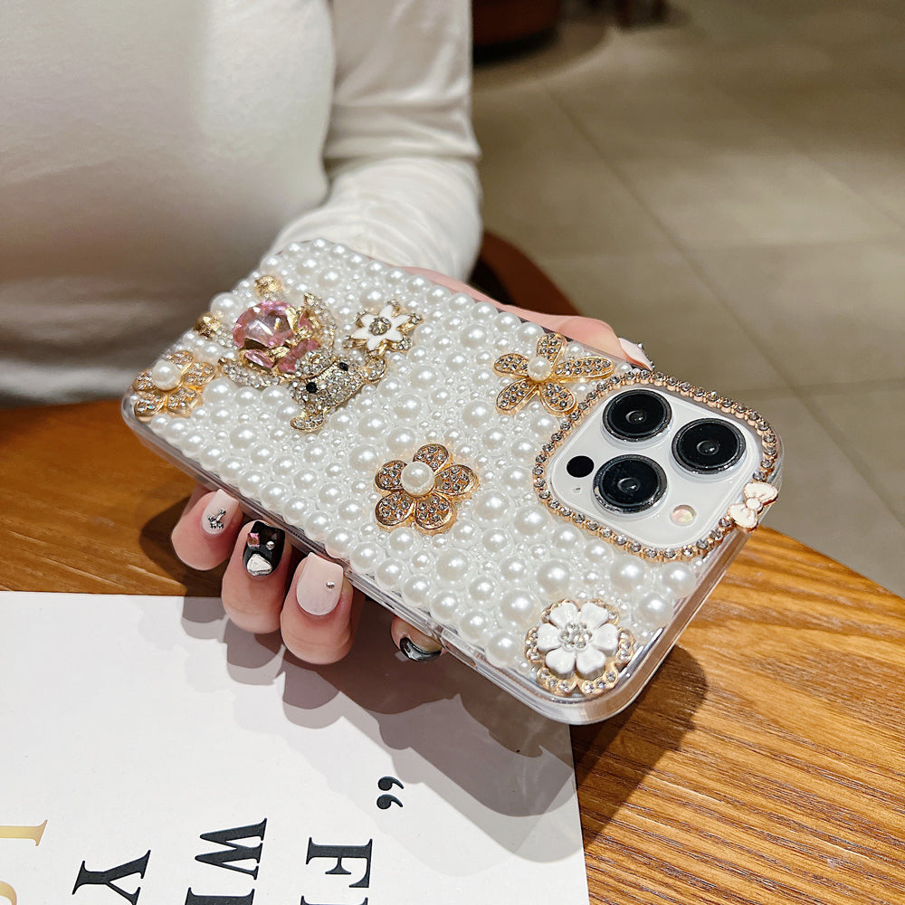 Handmade Decorative Pearl and Diamond Bear Phone Case - iPhone 16 Plus